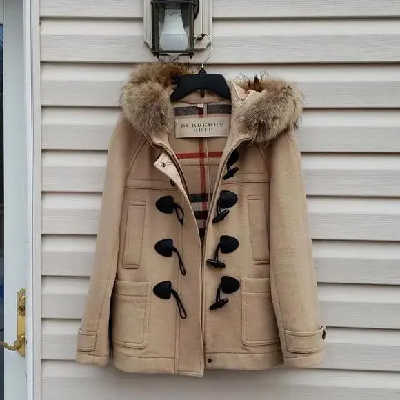 BURBERRY CHECK LINED WOOL TOGGLE DUFFLE COAT WITH FUR TRIMMED HOOD - Picture 2 of 15